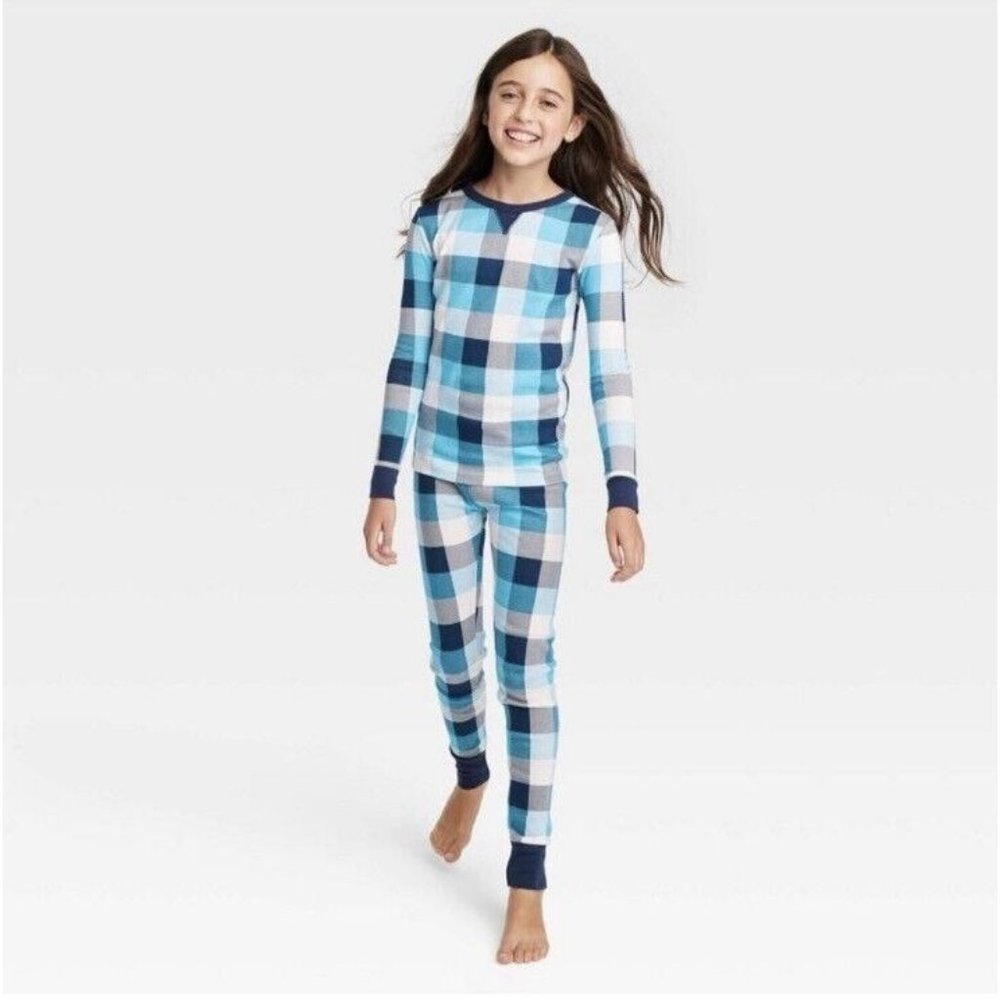 Wondershop Kids Blue Buffalo Plaid Pajama Set Stretchy Plaid Unisex - Picture 1 of 16